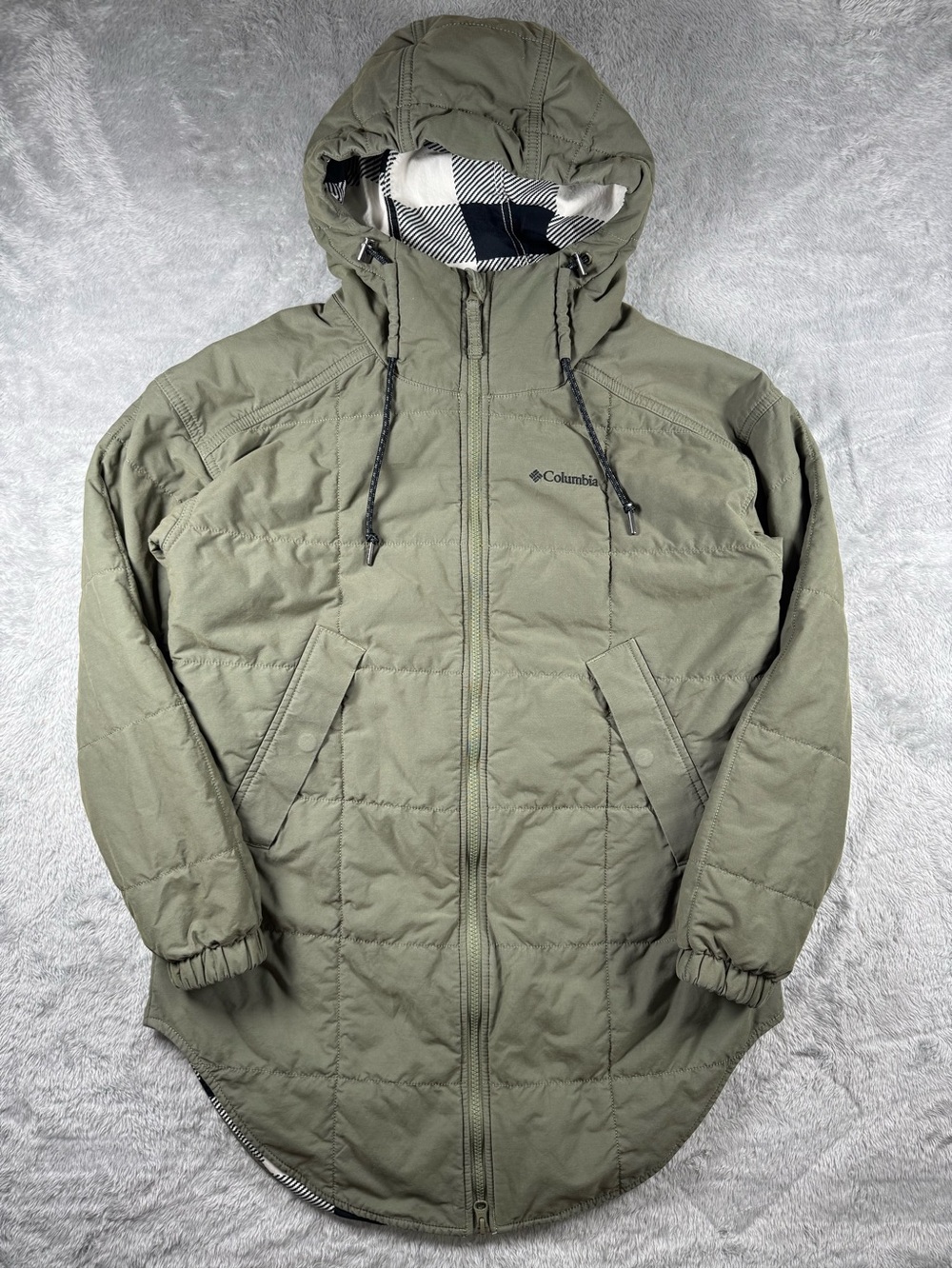 Columbia XS Olive Insulated Hooded Parka Plaid Lined Jacket